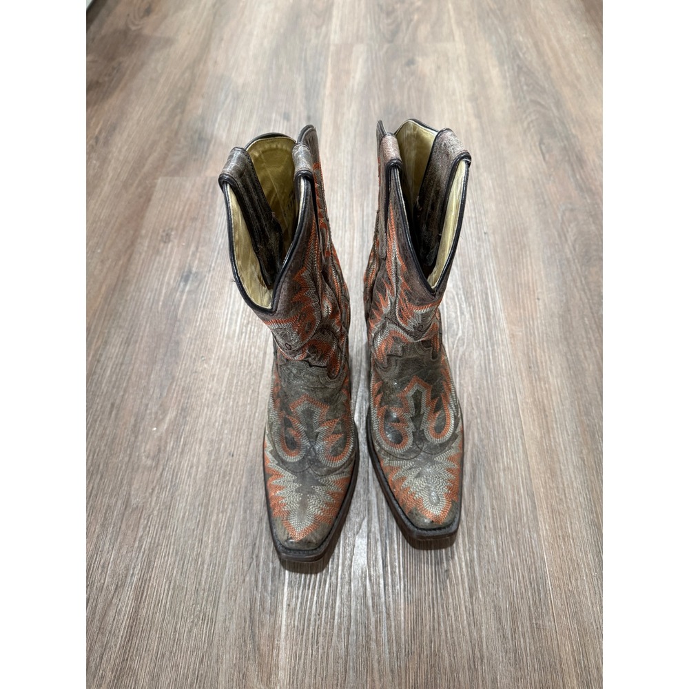 Corral Women‎ Grey Orange Embroidered Leather Snip Toe Western Cowboy Boots